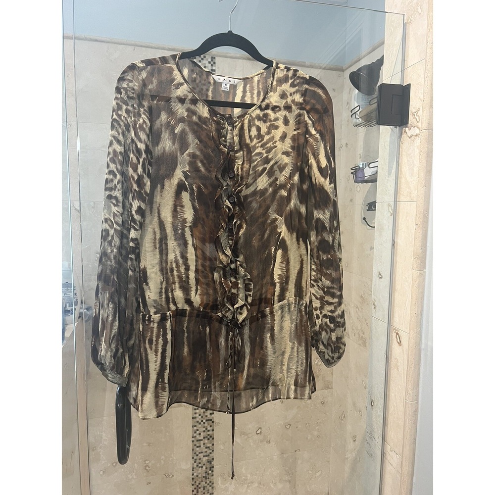 CAbi Women Brown Animal Print Sheer Silk Long Sleeve Peplum Blouse Small
